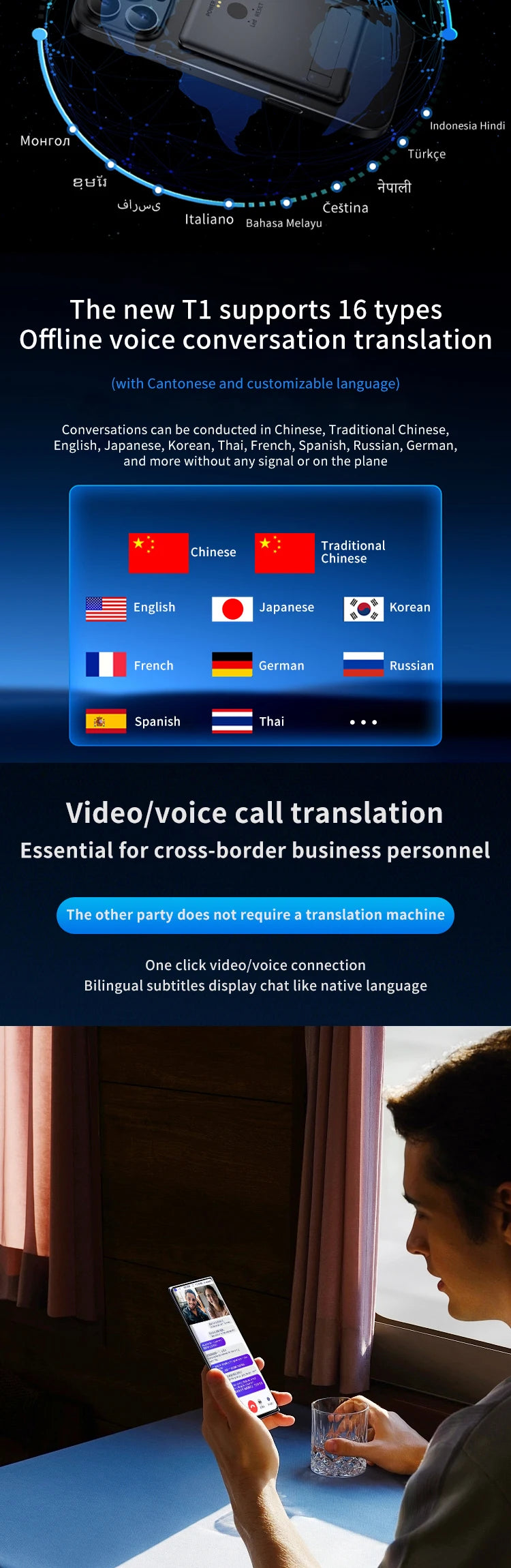 AI Instant Translator Device Magnetic Stand,144 Languages Online Translation Real-Time Photo/Video Calls for IOS Android Intelligent by design