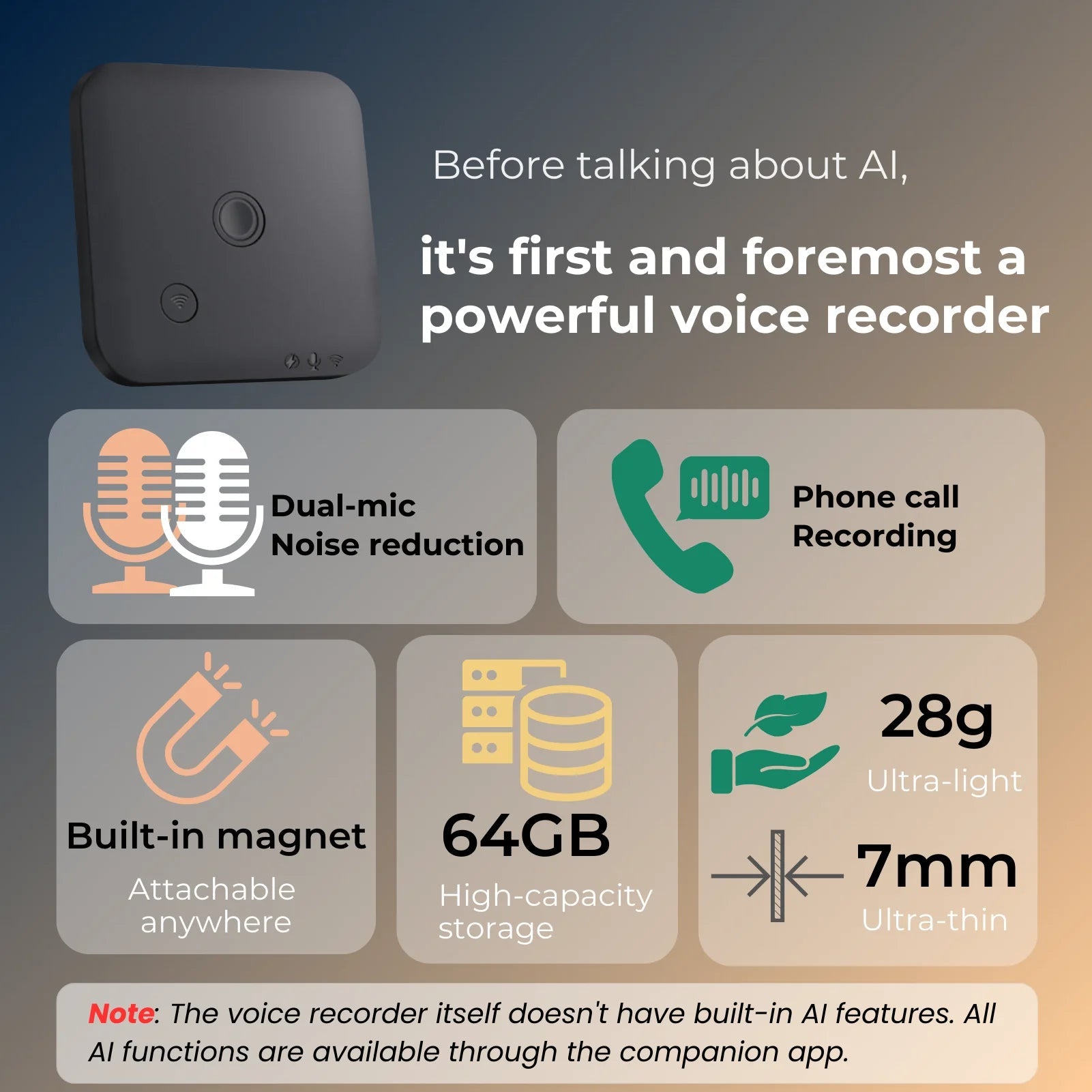AI Powered Voice Recorder and Call Recorder with Speech-to-Text, Summarization, Translation, Supports 100 Languages, 64GB Intelligent by design