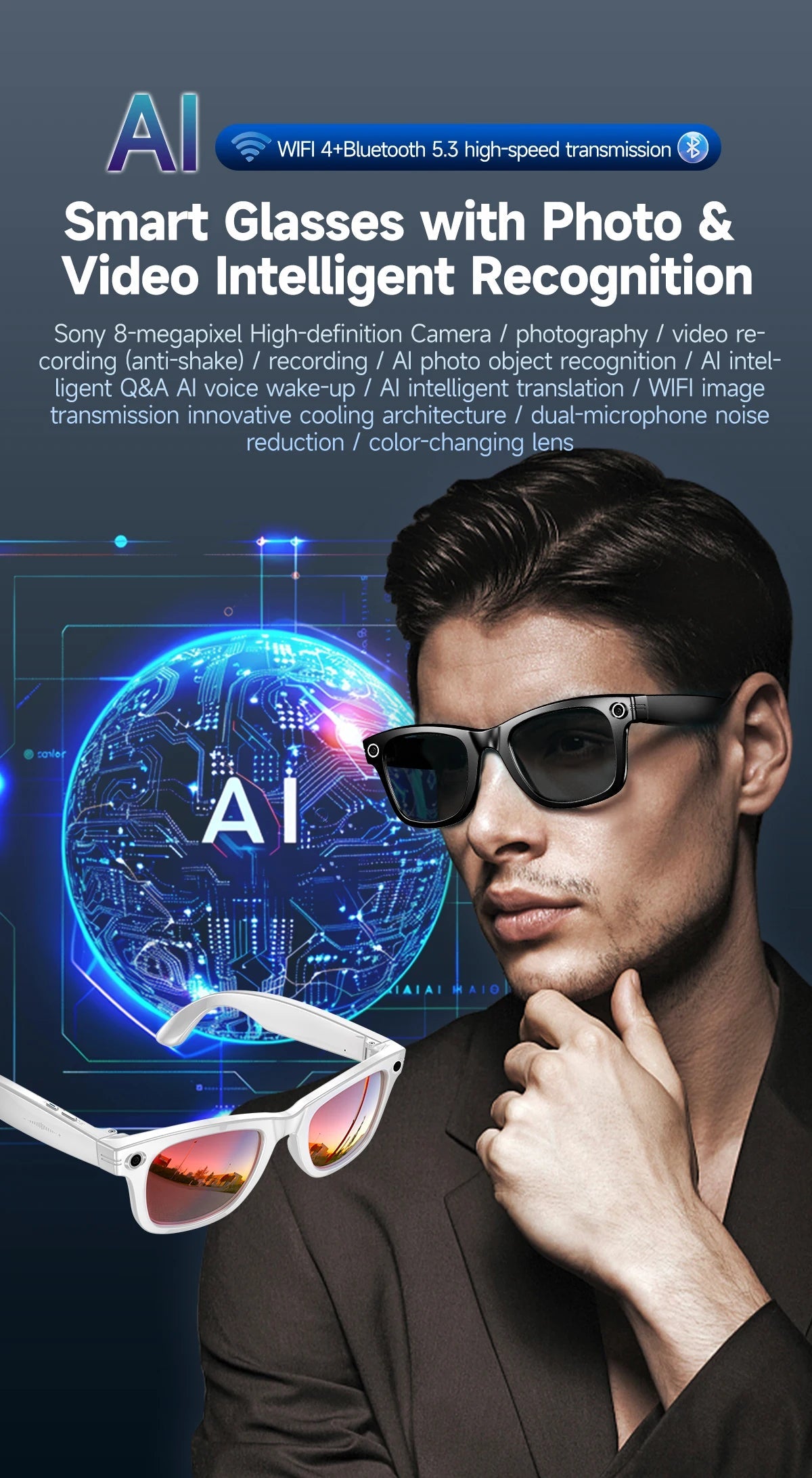 New 800W Camera AI Glasses Men Color-Changing Smart Translation Glasses Photo Video Recording Waterproof Call Smart Sunglasses Intelligent by design