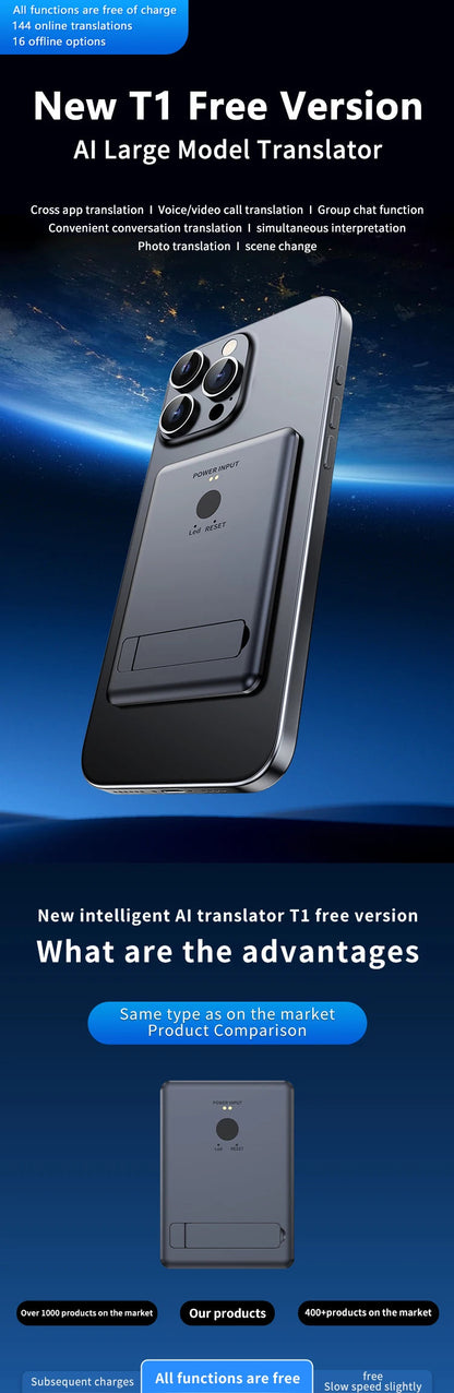 AI Instant Translator Device Magnetic Stand,144 Languages Online Translation Real-Time Photo/Video Calls for IOS Android Intelligent by design