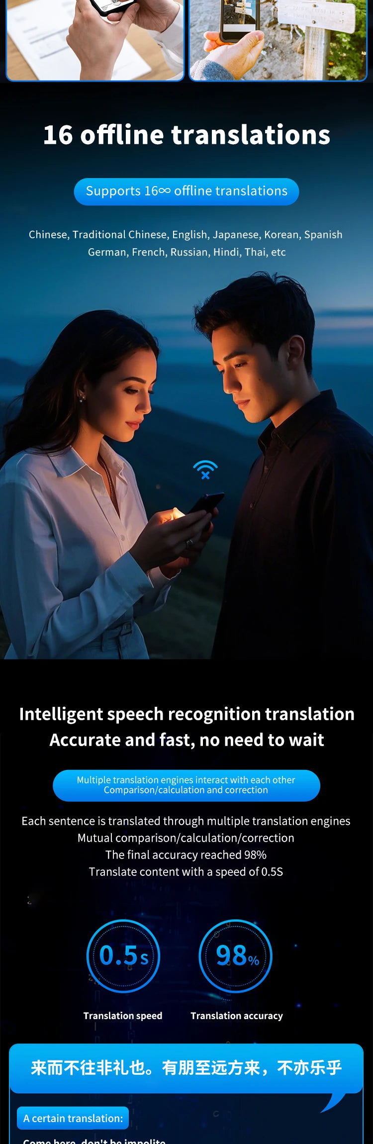 AI Instant Translator Device Magnetic Stand,144 Languages Online Translation Real-Time Photo/Video Calls for IOS Android Intelligent by design