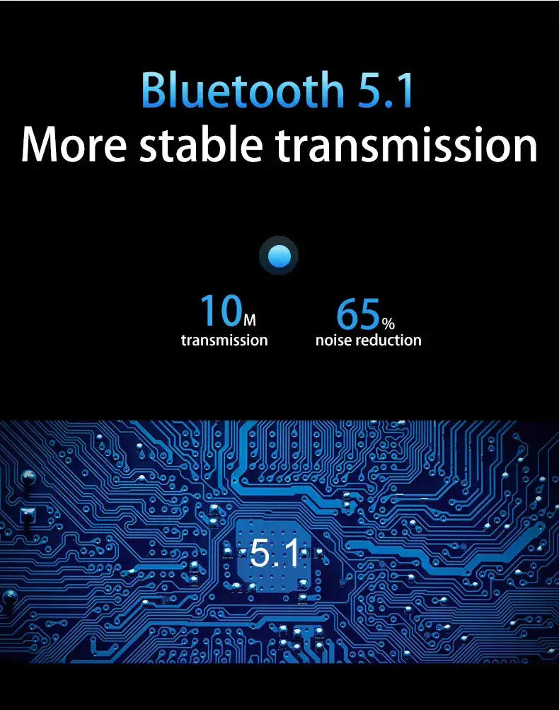 Bluetooth 5.1 with  noise reduction details on a circuit board background.