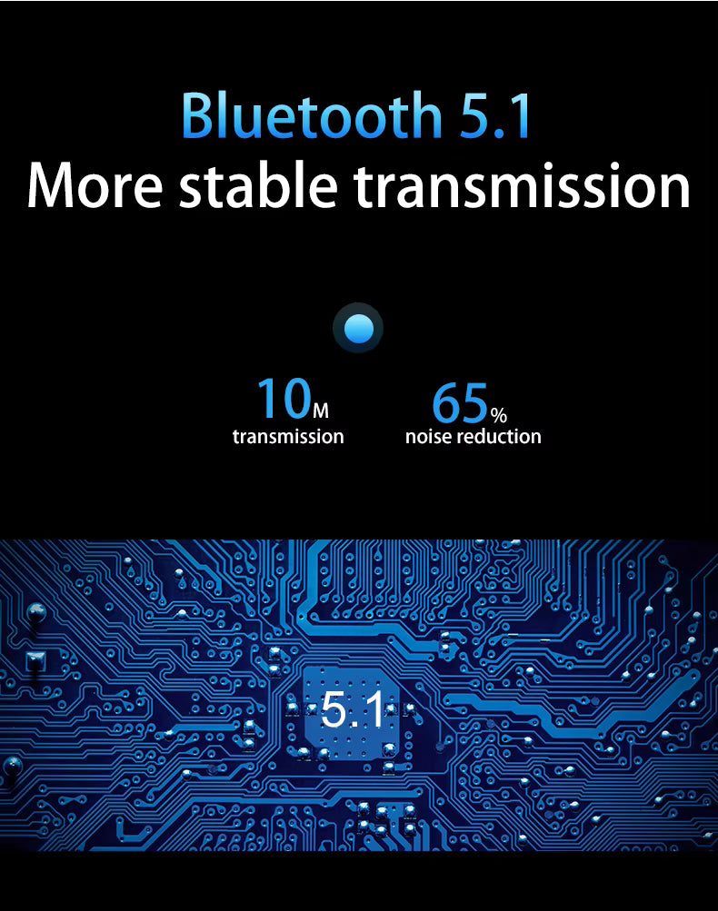 Bluetooth 5.1 with  noise reduction details on a circuit board background.