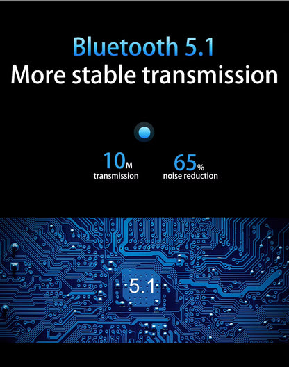 Bluetooth 5.1 with  noise reduction details on a circuit board background.